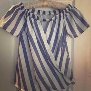 Blue & White Stripe Off-The-Shoulder Blouse